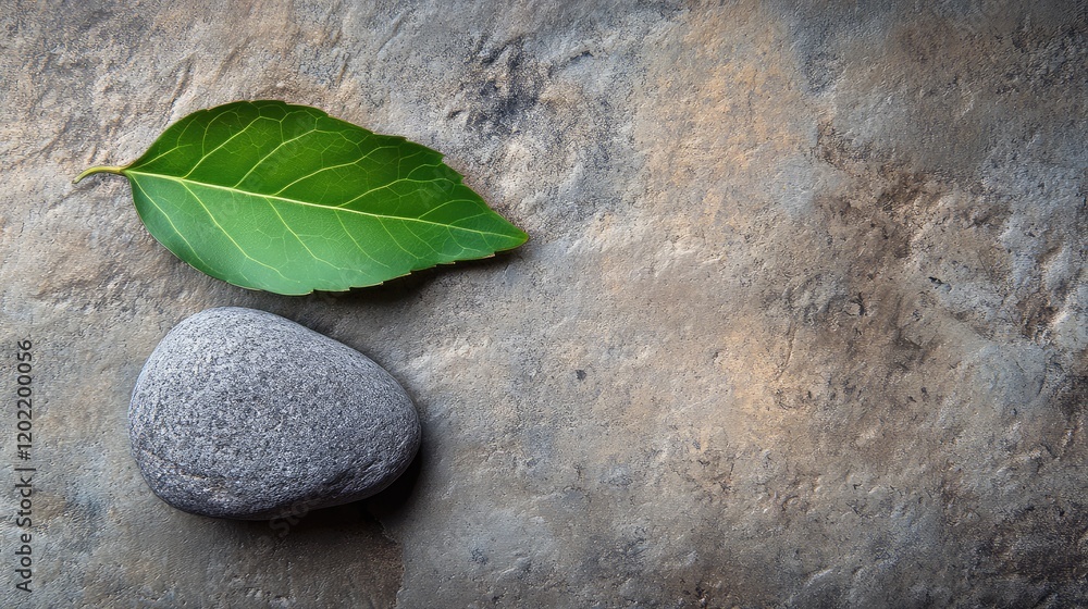 Poster Green leaf on a smooth gray stone resting on a textured surface with copy space for text