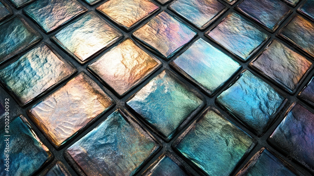 Poster colorful iridescent tiles background with reflections and texture copy space