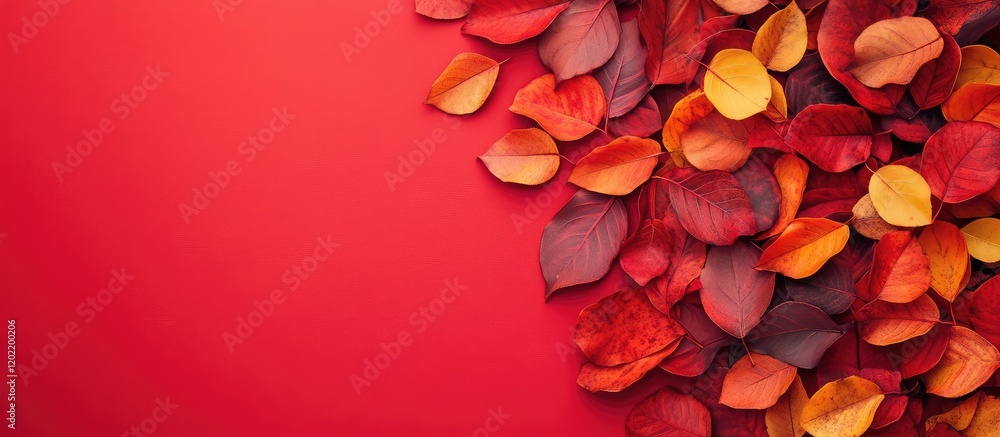 Poster Autumn leaves in vibrant shades of red and orange on a solid red background with Copy Space for text placement