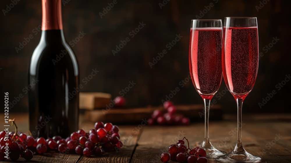 Poster champagne flutes with sparkling red wine and fresh grapes on rustic wooden table with dark backgroun