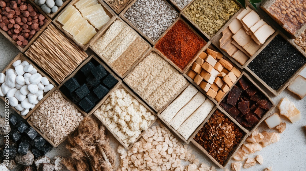 Poster Colorful assortment of various spices and ingredients in wooden boxes arranged on a light background with Copy Space for text.