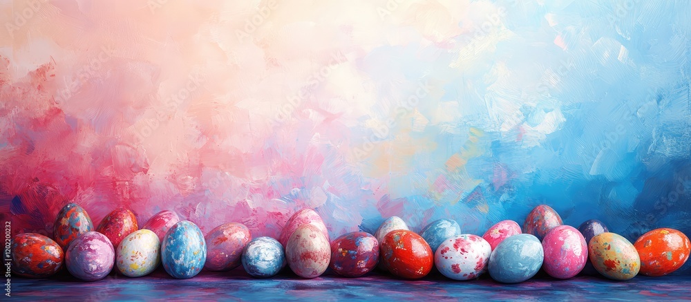 Poster colorful decorated easter eggs arranged on a table with a pastel abstract background and ample copy 