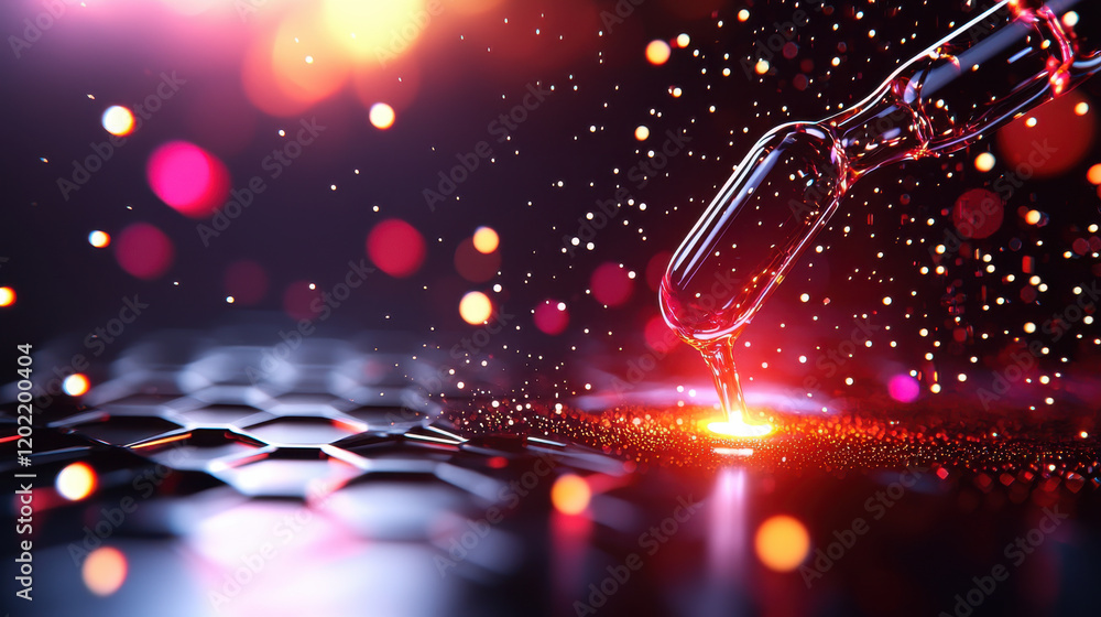 Leinwandbilder close up view of pipette dropping liquid onto textured surface, showcasing vibrant colors and sparkl