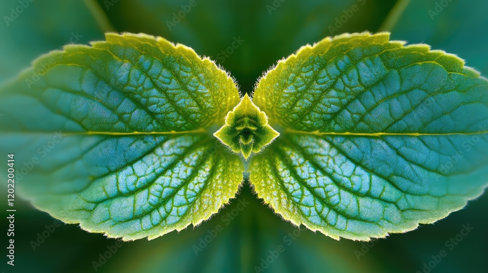 Poster close-up of symmetrical green leaves with intricate textures and patterns against a blurred backgrou