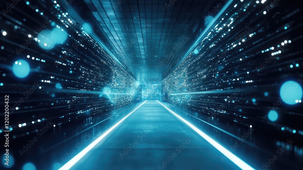 Poster futuristic data corridor with glowing blue particles and light trails leading into depth copy space