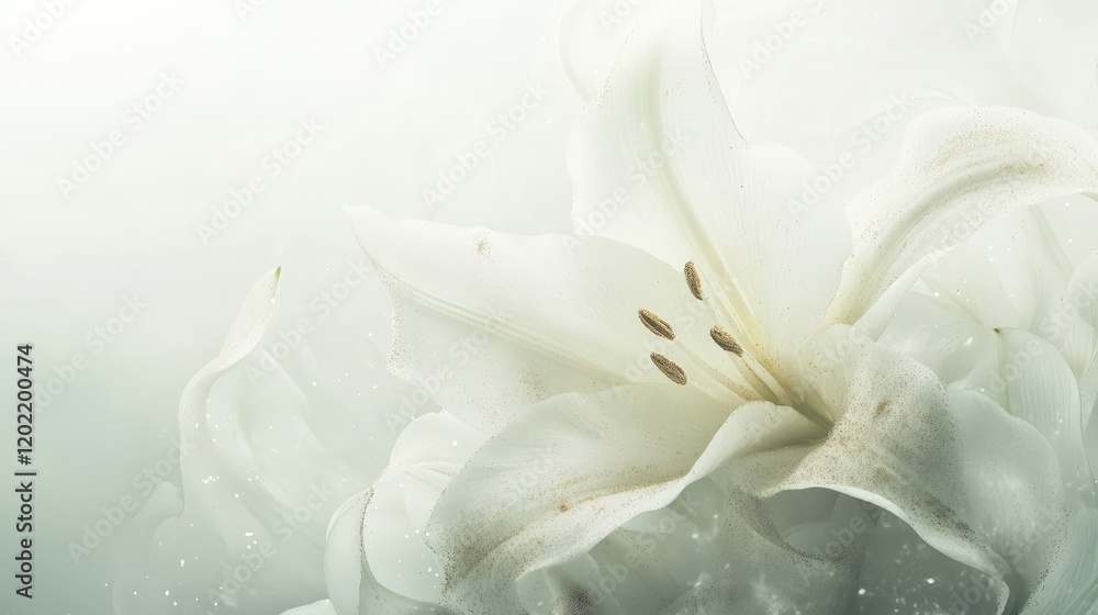 Aufkleber white lily flower close-up on a soft pale background with blurred green tones and copy space for tex