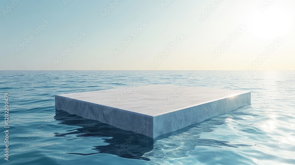 Poster floating minimalistic platform on calm ocean water under a clear sky with sunlight reflections and c