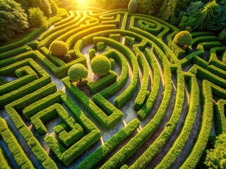 Naklejka premium Lush green hedge maze, geometrically designed, photographed from above, revealing complex pathways in a drone shot.