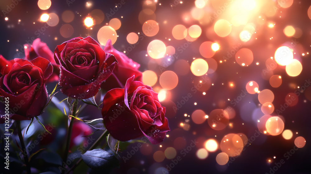 Poster romantic red roses with sparkling bokeh background create dreamy atmosphere, perfect for expressing 