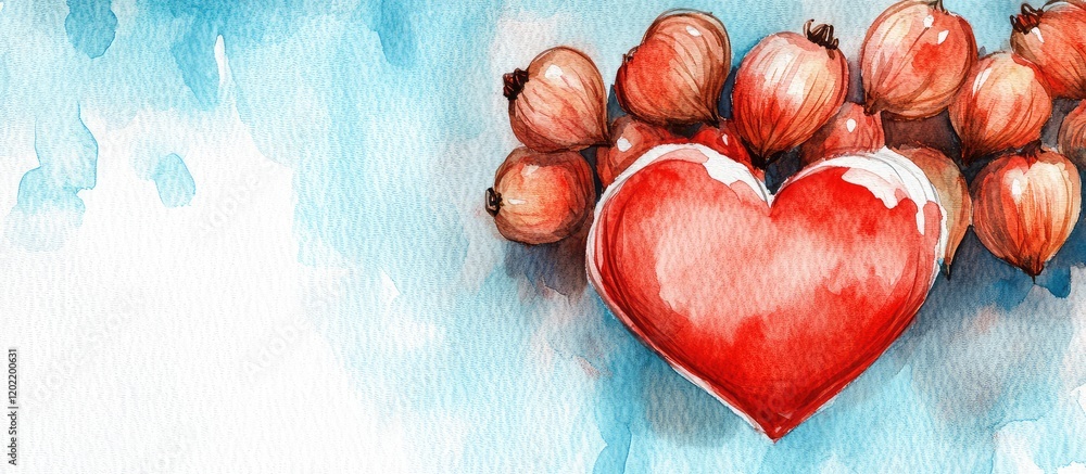 Aufkleber Heart illustration with onions surrounded by watercolor splash and light blue background with ample copy space for text