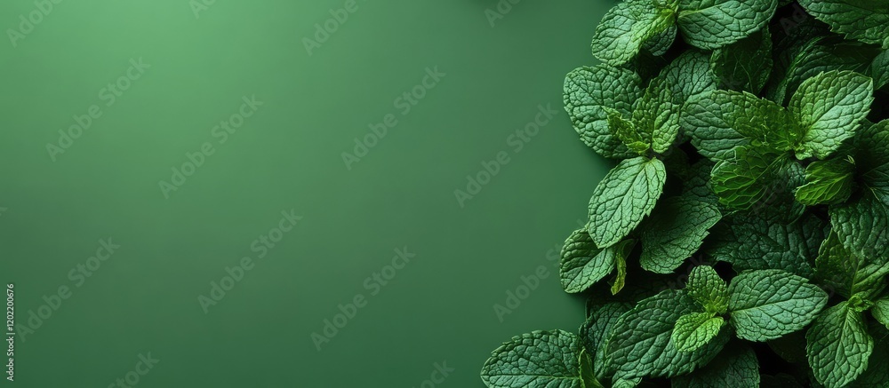 Poster close-up of fresh green mint leaves on a solid green background with copy space for text placement.