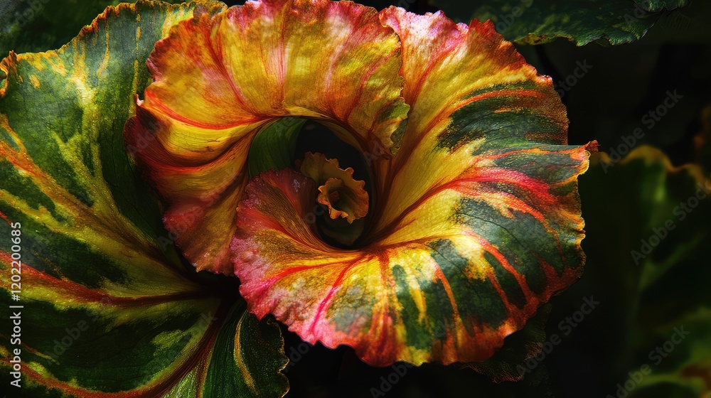 Aufkleber close-up of vibrant spiral leaf with multicolored patterns in green, yellow, and red against a dark 