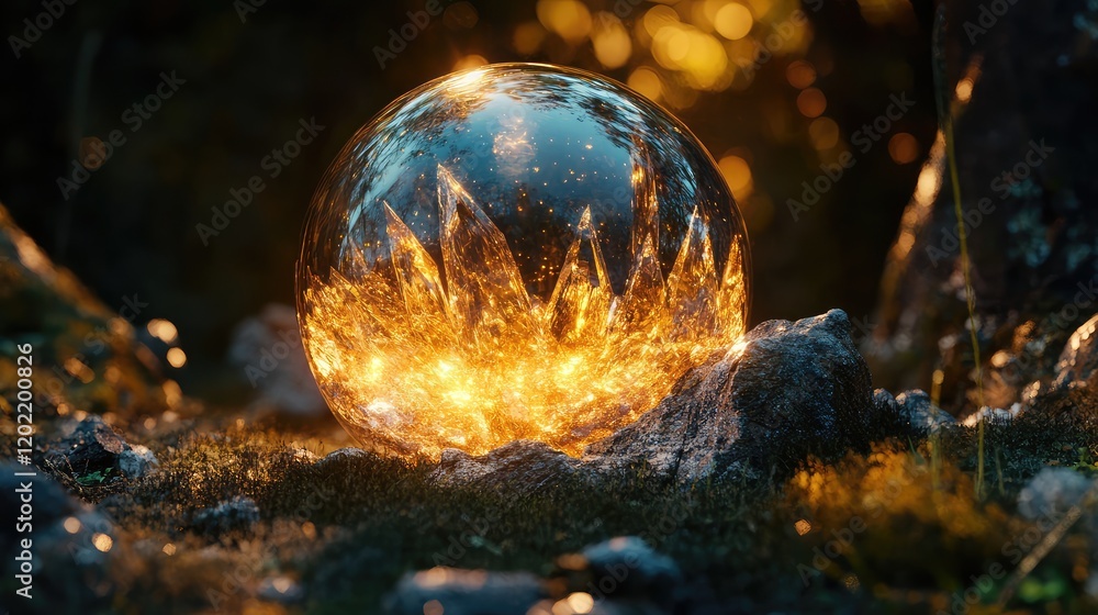 Poster glowing crystal orb with sparkling light reflections surrounded by rocks and moss in lush forest set
