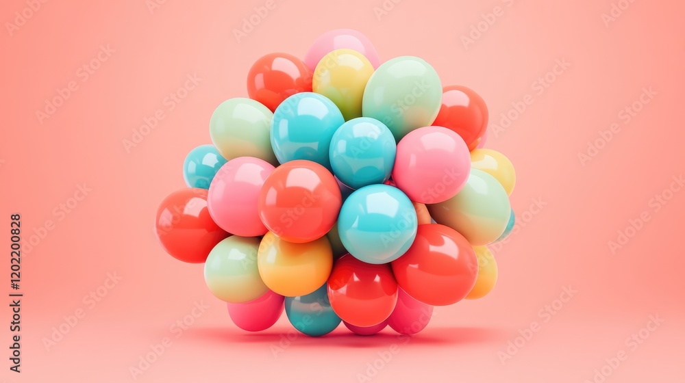 Aufkleber Colorful cluster of glossy spheres on a soft pink background with Copy Space for text placement. 3D rendering of bubbles in various pastel colors.