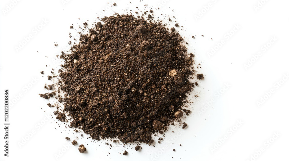 Poster Black soil pile on white background with texture details and Copy Space for text placement