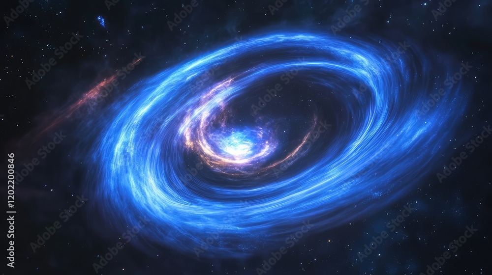 Poster vibrant swirling galaxy in deep space with glowing blue and purple tones and copy space for text pla
