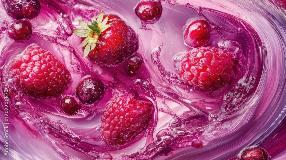 Aufkleber fresh raspberries strawberries and cranberries splashing in pink liquid with swirls copy space