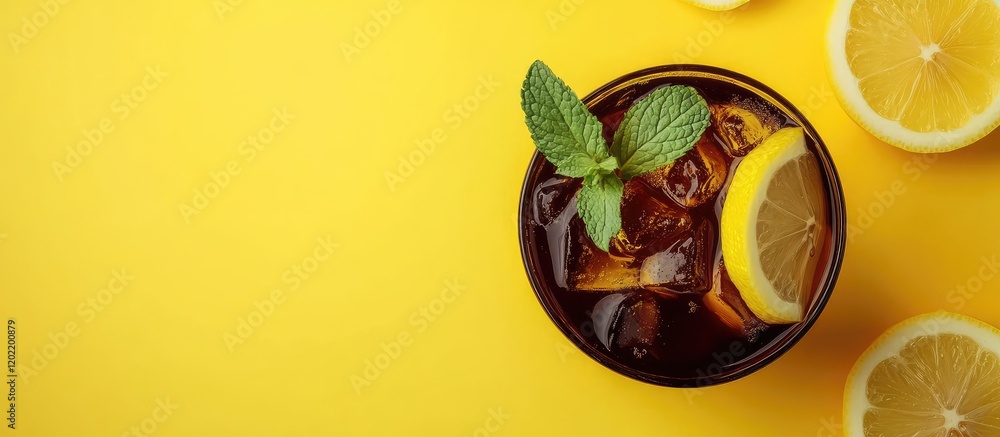 Poster iced tea beverage with lemon slices and mint leaves on a yellow background with copy space for text.