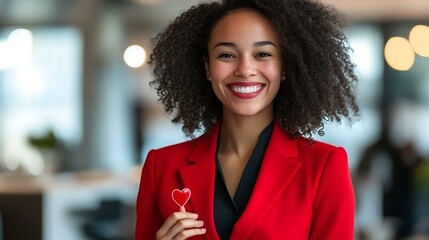 Businesswoman in a vibrant red outfit smiling while holding a heart-shaped badge at an office event