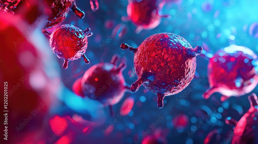 Poster 3d rendering of colorful virus particles with blue and red lighting effect and copy space for text p