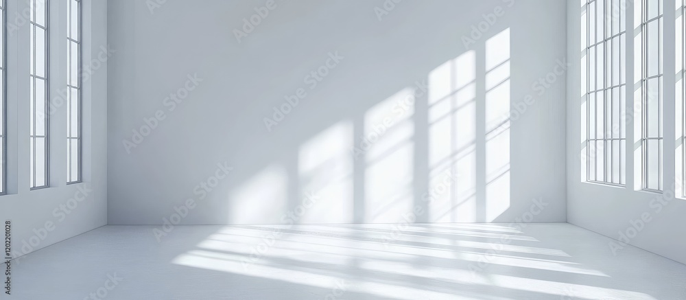 Poster Bright empty room interior with large windows casting shadows on clean white walls and floor providing ample Copy Space for text placement