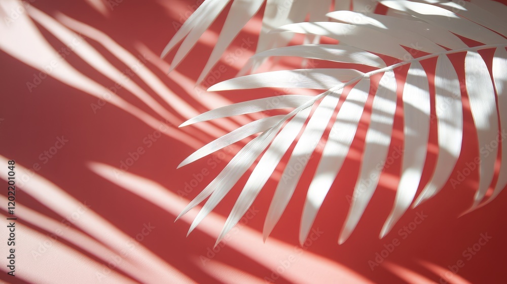 Poster white palm leaves casting shadows on a coral pink wall with copy space for text.