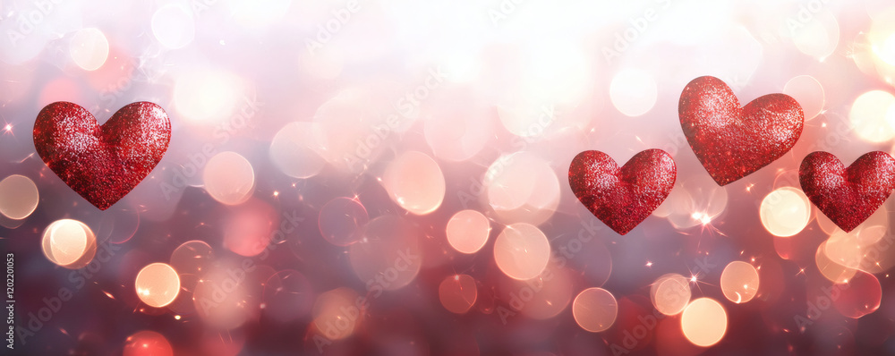 Poster shimmering red hearts on romantic background with sparkling bokeh lights create warm and loving atmo