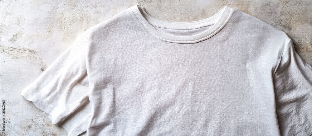 Aufkleber plain white cotton t-shirt laid flat on a textured background with natural light and copy space for 