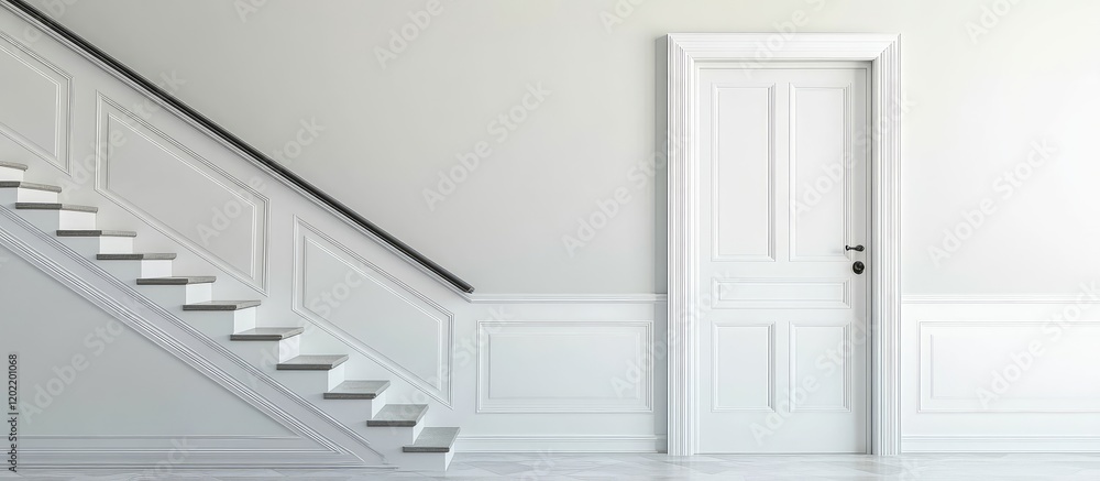 Poster interior staircase with white walls and a closed door, featuring elegant molding and ample copy spac