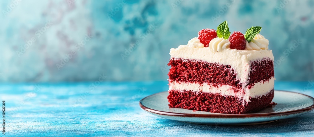 Poster red velvet cake slice with cream cheese frosting and raspberries on a plate against a blue textured 