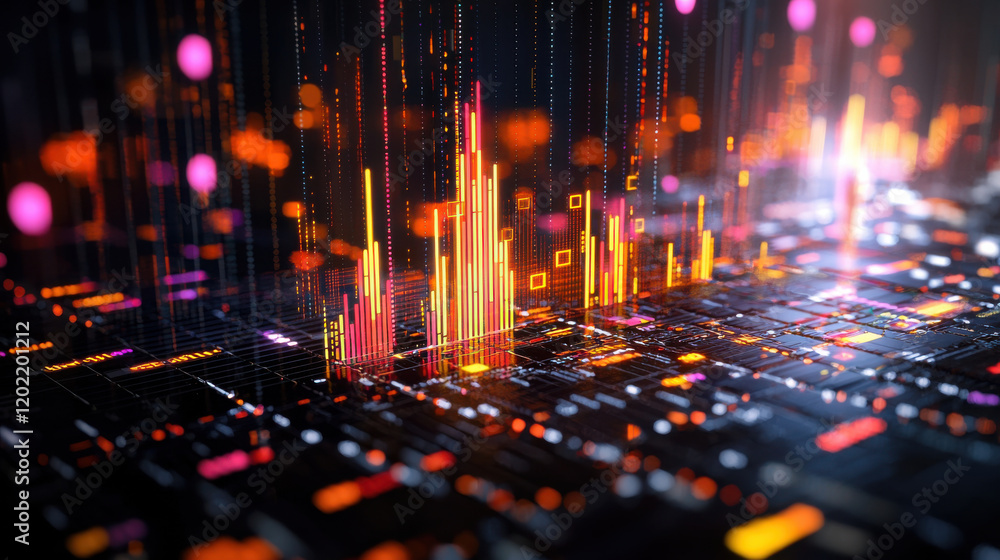 Poster vibrant visualization of advanced AI driven algorithms showcasing colorful data patterns and dynamic graphs. This represents intersection of technology and data analysis