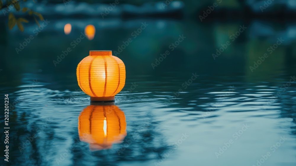 Poster floating orange paper lantern reflected in calm water at dusk with soft lighting and serene atmosphe
