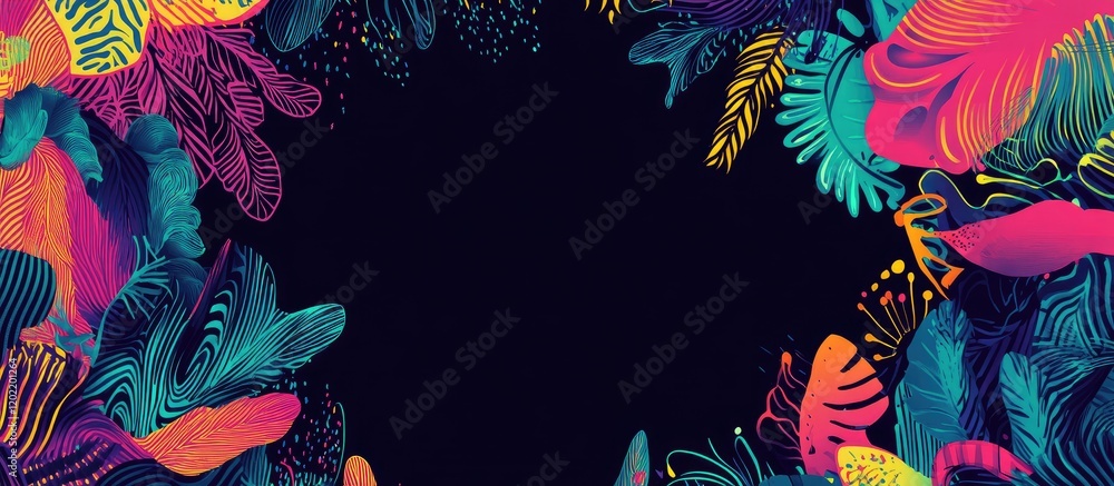 Poster Colorful floral frame design with dark background and copy space for text insertion