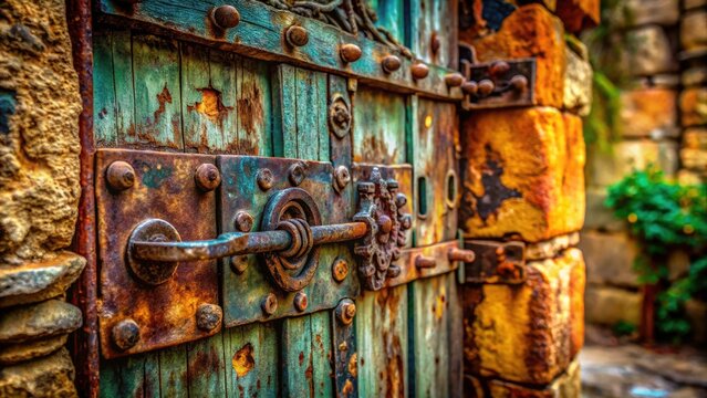 Macro view:  Ancient gate's intricate carvings, rusted hinges, and weathered stone showcase old-world charm and historical architecture.