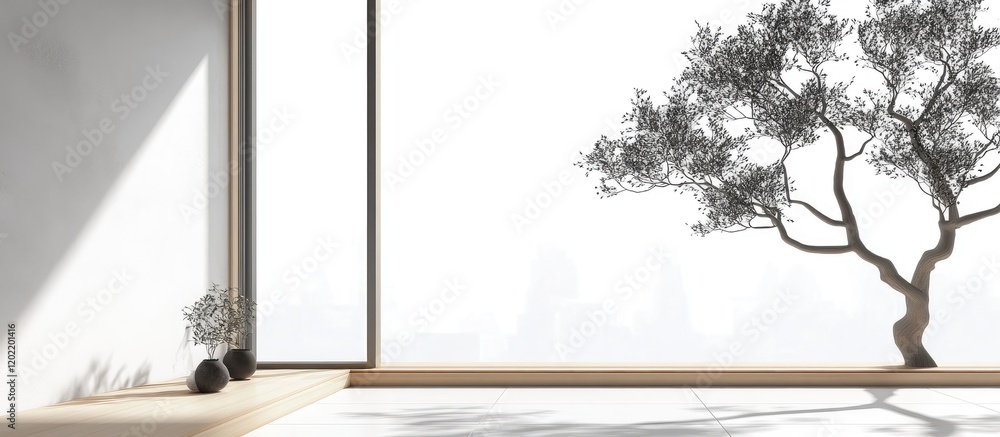 Poster minimalist interior design with large window overlooking tree and natural light, featuring floor spa