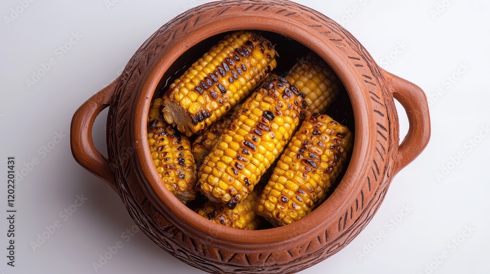 Poster Rustic clay pot filled with grilled corn on the cob placed against a plain background with ample Copy Space for text placement