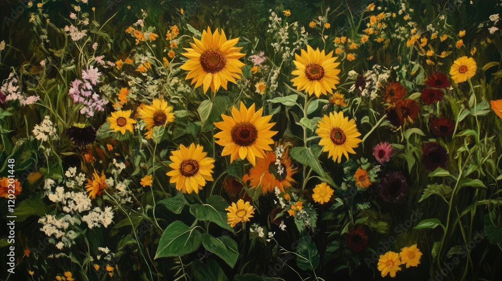 Poster vibrant field of sunflowers and wildflowers in full bloom showcasing lush greenery and colorful peta