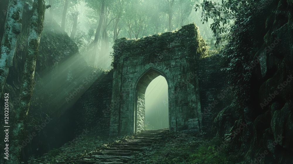 Poster mysterious ancient stone archway in a dense foggy forest with sunlight filtering through trees copy 