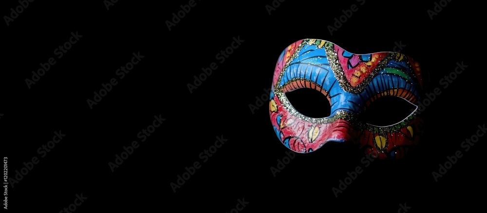 Poster colorful decorative mask on a black background with ample copy space for text placement