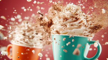 A turquoise cup with whipped cream and cocoa explodes in mid-air, creating a dynamic scene of...