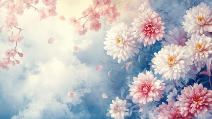 Floral background with pink and white flowers against soft blue and pastel cloud backdrop with copy space for text