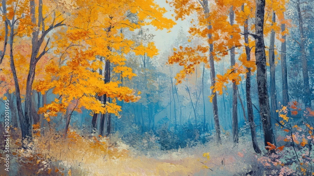 Poster autumn landscape with vibrant yellow leaves in a misty forest with soft blue hues and copy space for