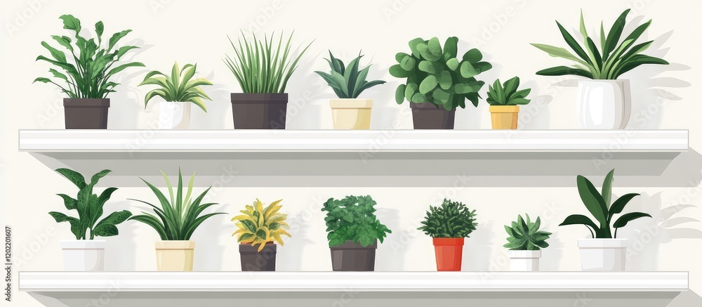 Aufkleber various indoor plants in pots displayed on white shelves with neutral background and ample copy spac