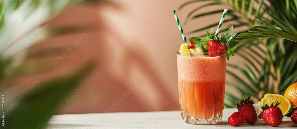 Poster fresh fruit smoothie in a clear glass garnished with strawberries and mint on a light background wit