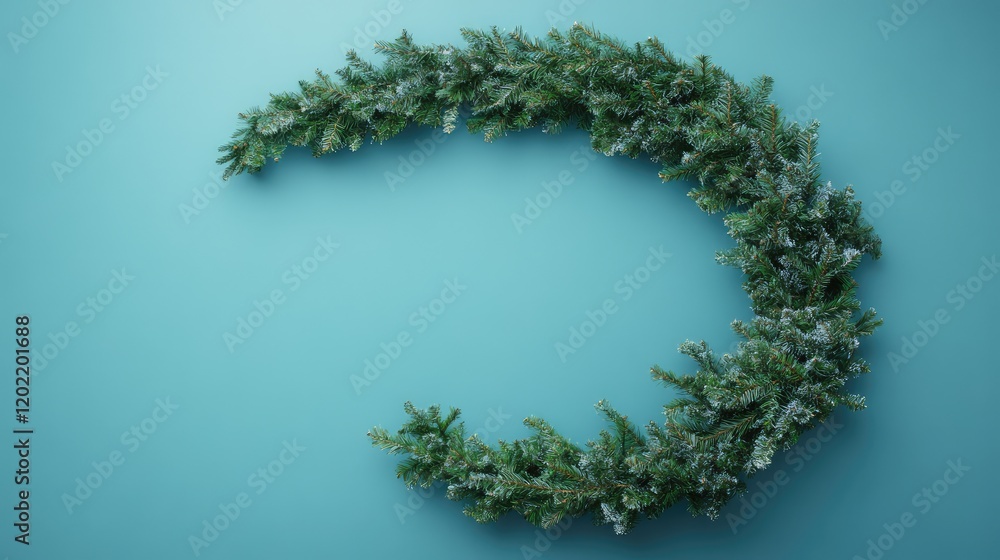 Poster christmas wreath on turquoise background with copy space for text. round decorative arrangement of e