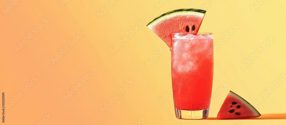 Aufkleber fresh watermelon juice in a tall glass garnished with watermelon slices on a vibrant yellow backgrou
