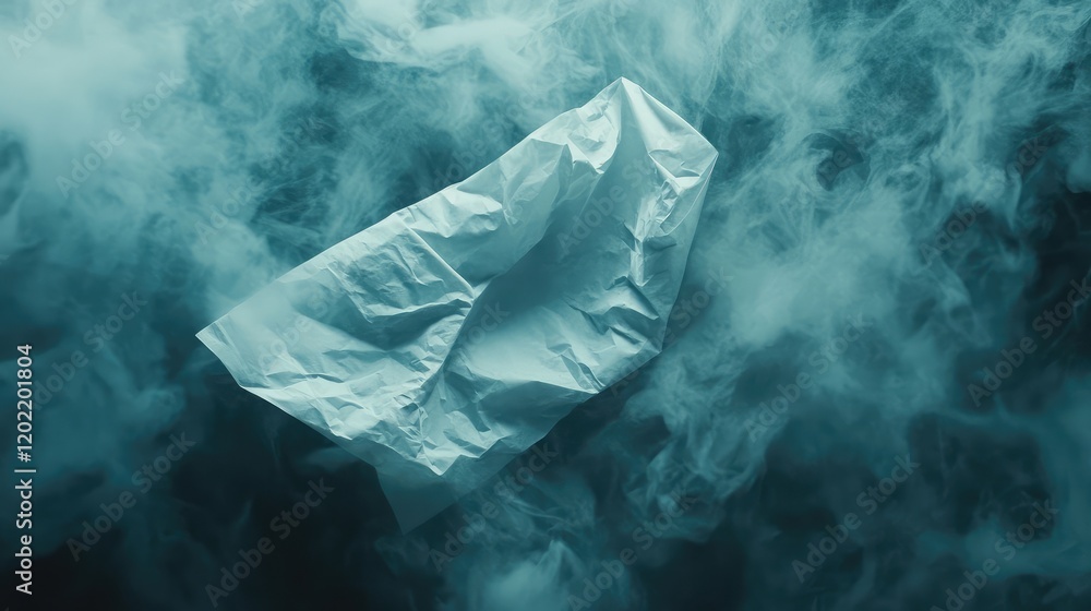 Poster crumpled white paper sheet floating in smoke on dark background with copy space for text placement