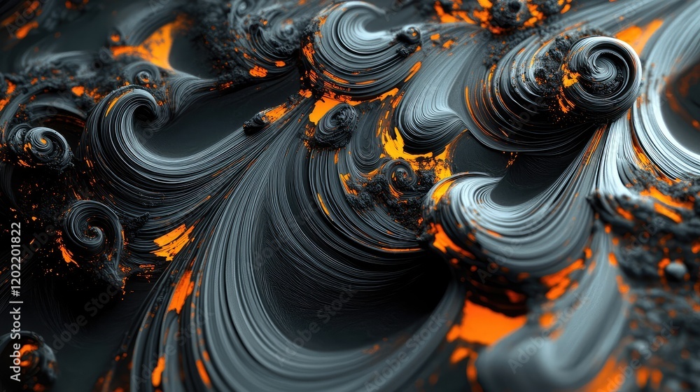 Leinwandbilder Abstract close-up of swirling black and orange textures with smooth and glossy patterns Copy Space
