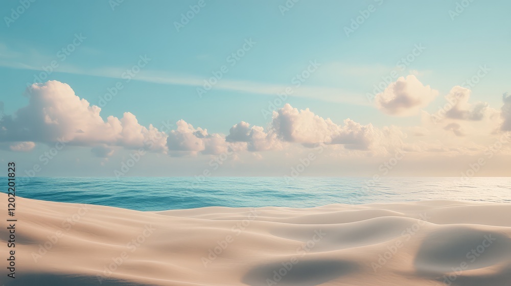 Aufkleber peaceful seascape with gentle waves and soft sand dunes under a bright sky with fluffy clouds copy s