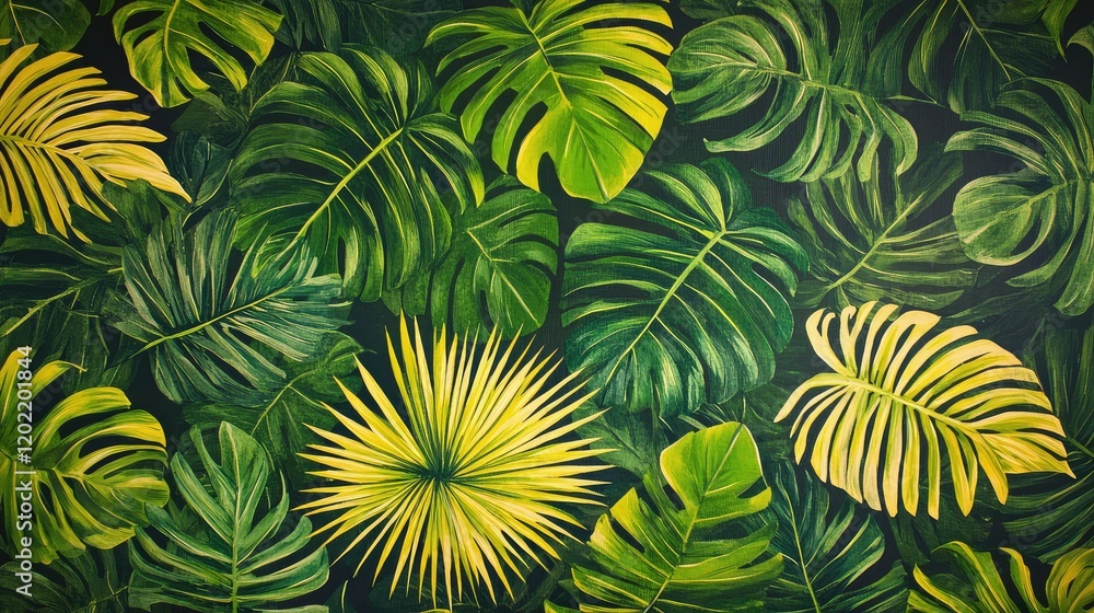 Aufkleber tropical green foliage pattern with various palm leaves on dark background suitable for design proje